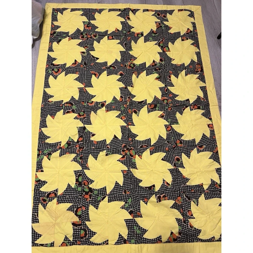 Vintage Homemade Quilt‎ Blanket 48x69 Yellow Pinwheel Star Houndstooth Grandma